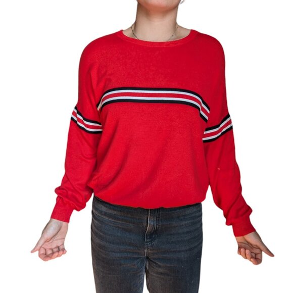 Simons Red Oversized Long Sleeve Sweater with Lined Detail Women Large - Picture 1 of 11